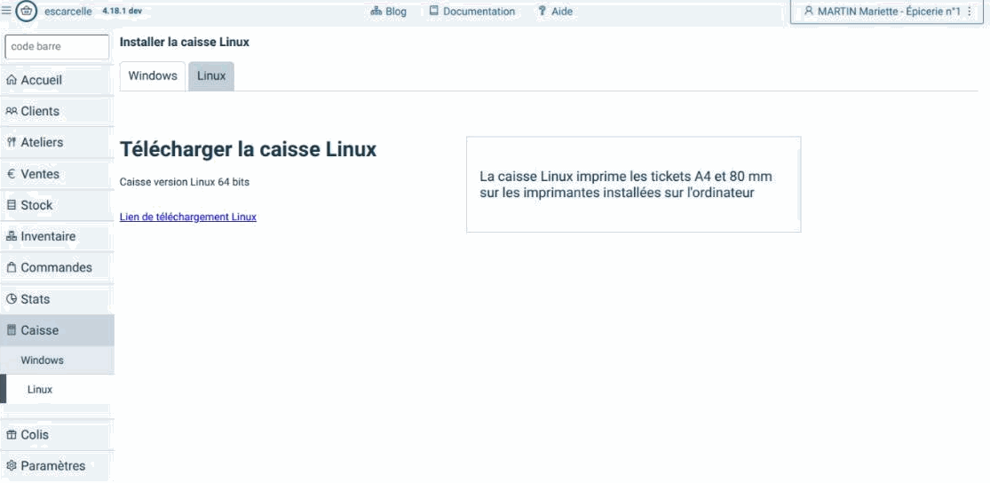 site web escarcelle.net sur la page "Caisse" onglet "Linux"